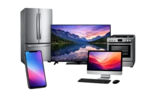 Imagem de e-commerce com celular, televisão, computador, geladeira e fogão, representando loja online de eletrônicos e eletrodomésticos