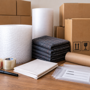 Kit de organização para mudança com caixas, plástico bolha e materiais de embalagem